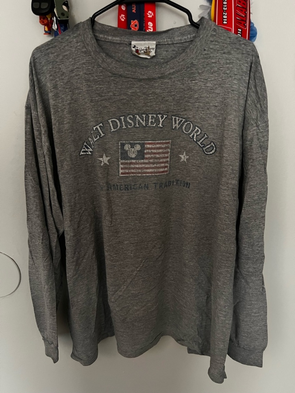 Disney Gray Walt Disney World Long Sleeve Tee with Flag Graphic